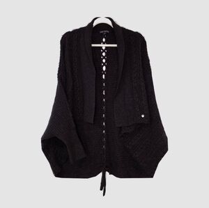 Brown Cable Knit Open Cascade Cardigan with Lace-Up Back Cabincore S